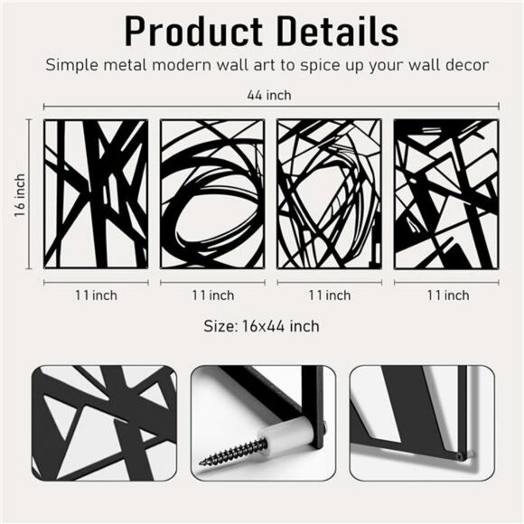 Black Metal Wall Art Set of 4 Modern 3D Abstract Decor for Bedroom Living Room - Picture 5 of 7